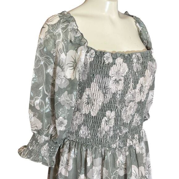 Baltic Born Fabian Jacquard Neutral Floral Smoked Bodice Puff  Sleeve Midi Dress - Picture 5 of 9